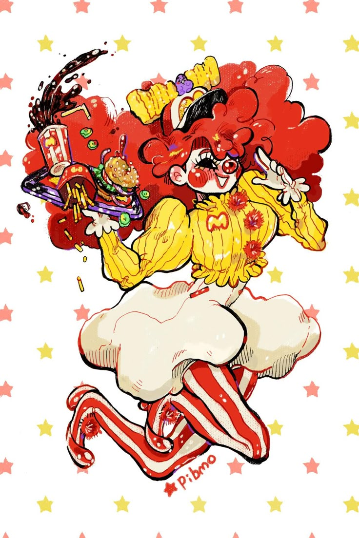 the clown is riding on top of a candy cane