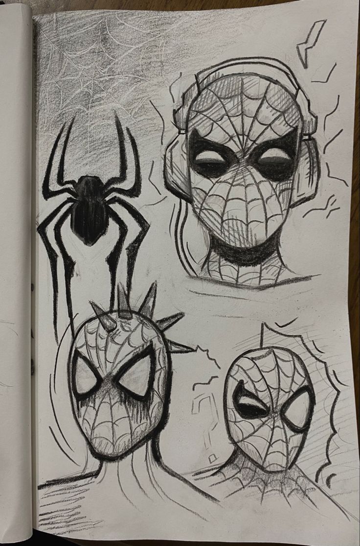 an open book with drawings of spider man and other characters on it's pages