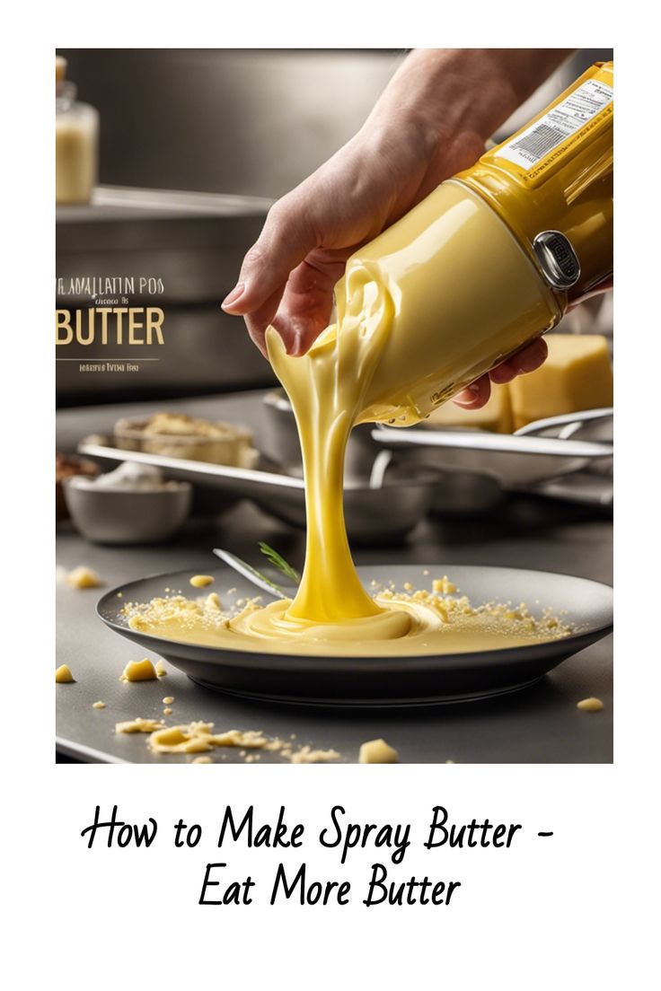 a person pouring butter onto a plate with food on the side and words how to make spray butter - eat more butter