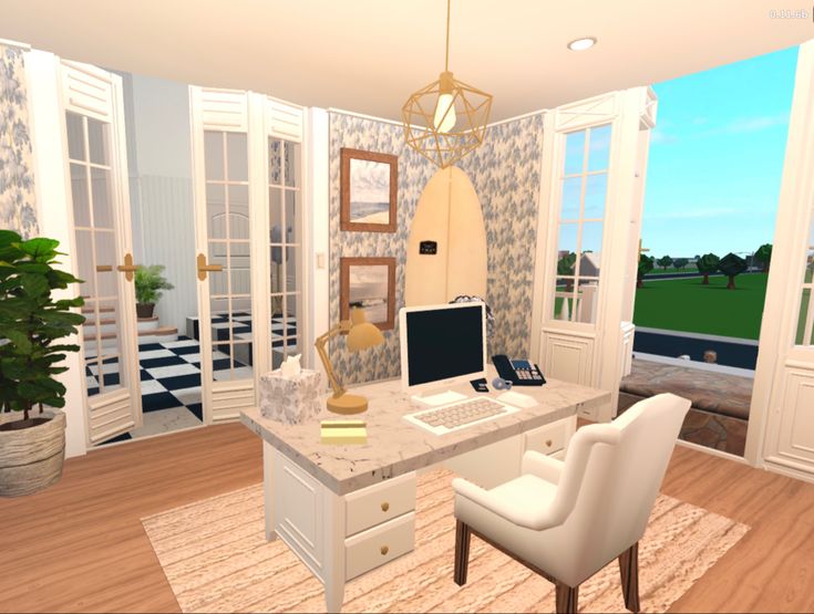 a computer desk sitting on top of a wooden floor next to a chair and window