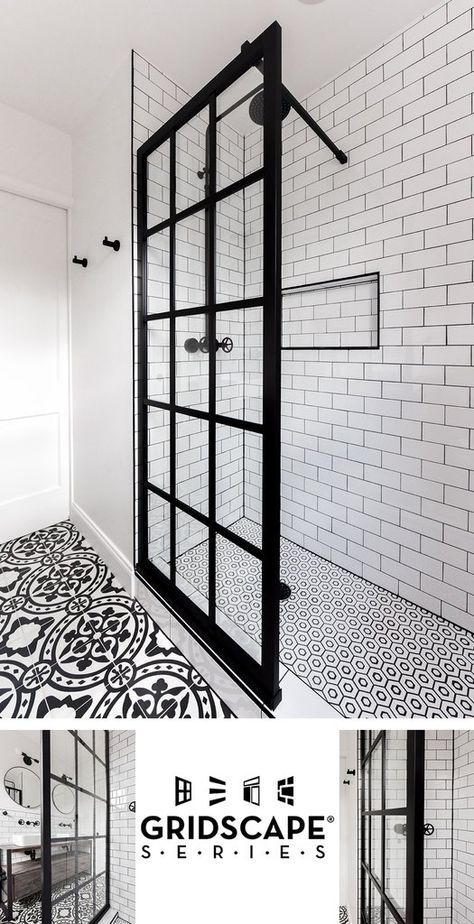 black and white tiled bathroom with glass doors