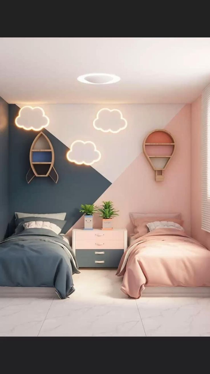 two beds in a room with pink, blue and white walls that have clouds painted on them