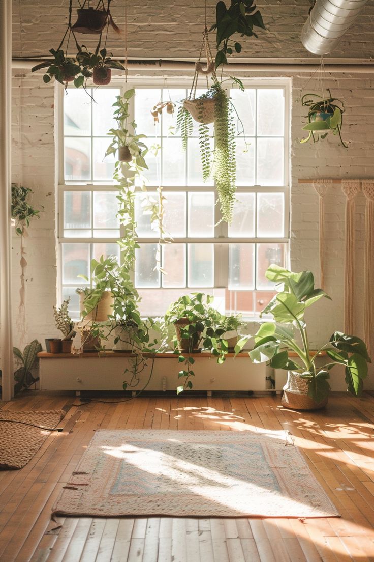 a room filled with lots of potted plants next to a window