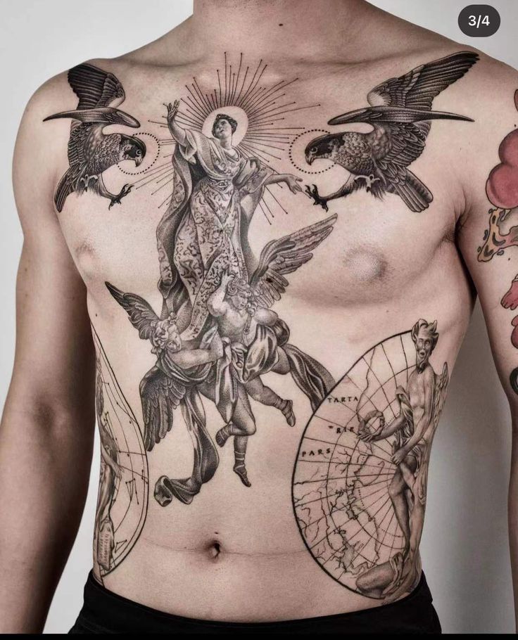 a man with many tattoos on his chest