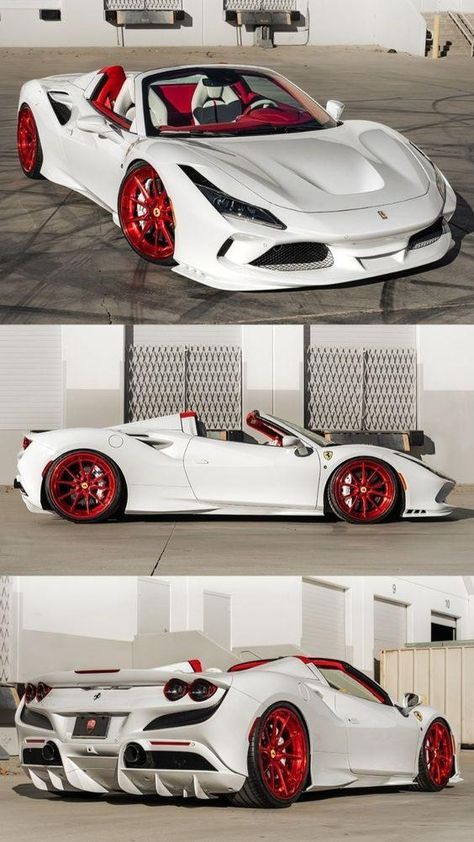 two pictures of a white sports car with red rims and chrome wheels, one showing the