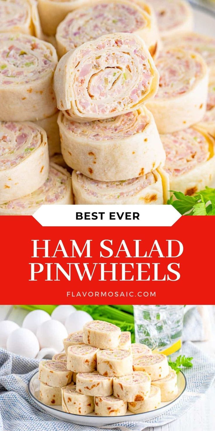 ham salad pinwheels are stacked on top of each other