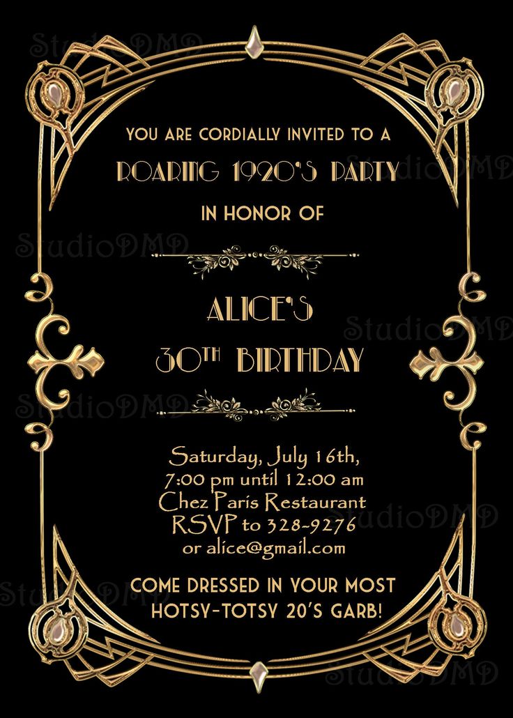 a black and gold birthday party card with the words roaring 20s's party on it