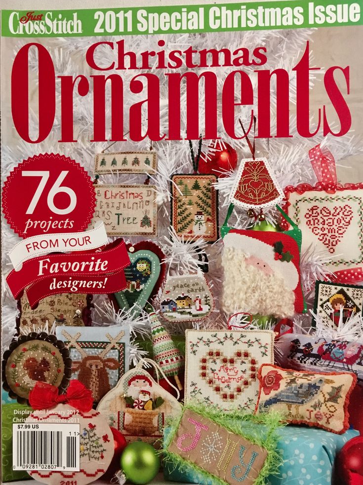 the front cover of cross stitch christmas ornaments magazine, featuring an assortment of handmade items