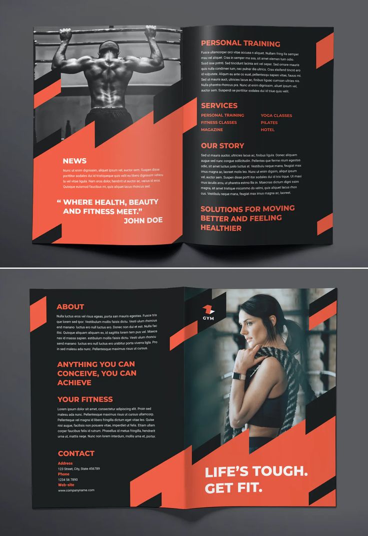 an orange and black tri fold brochure with the image of a woman's body