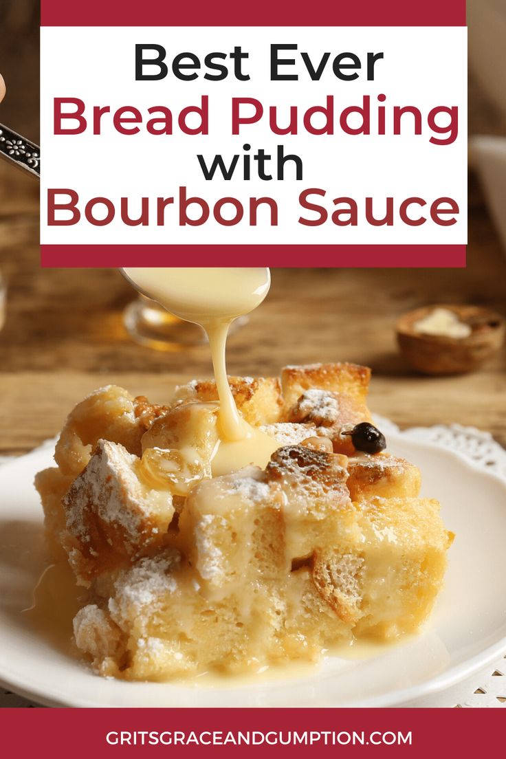 bread pudding with bourbon sauce being drizzled over it on a white plate