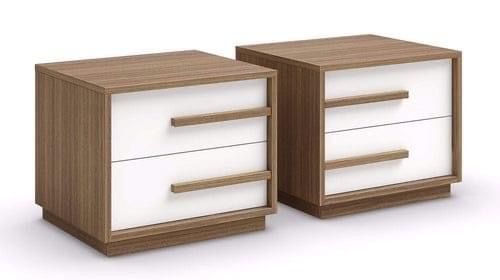 two white and brown nightstands sitting next to each other