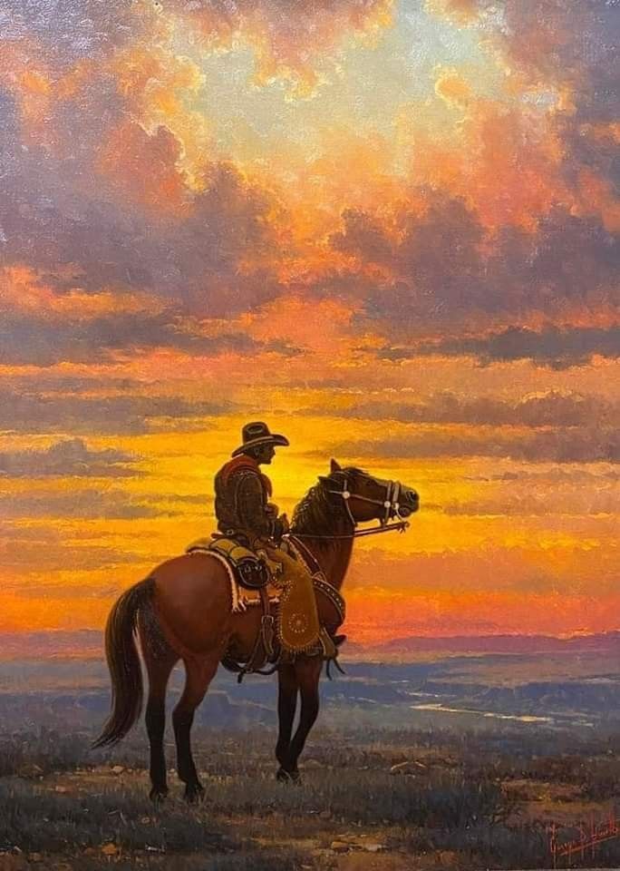 a painting of a man riding on the back of a horse in front of a sunset