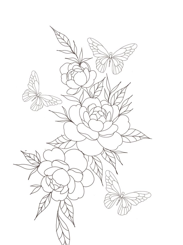 a bouquet of flowers with butterflies on the top and bottom line, in black and white