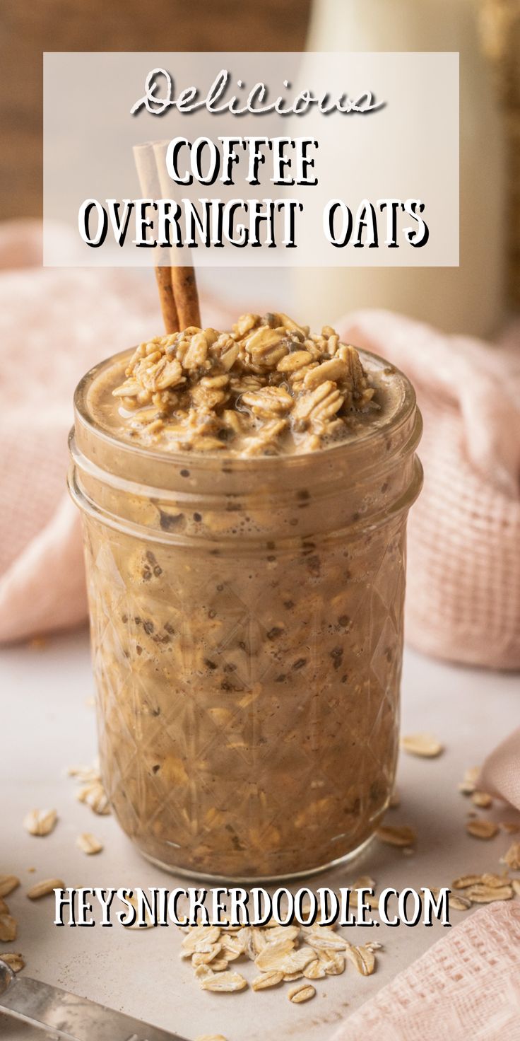 a glass jar filled with oatmeal and topped with cinnamon stick on top