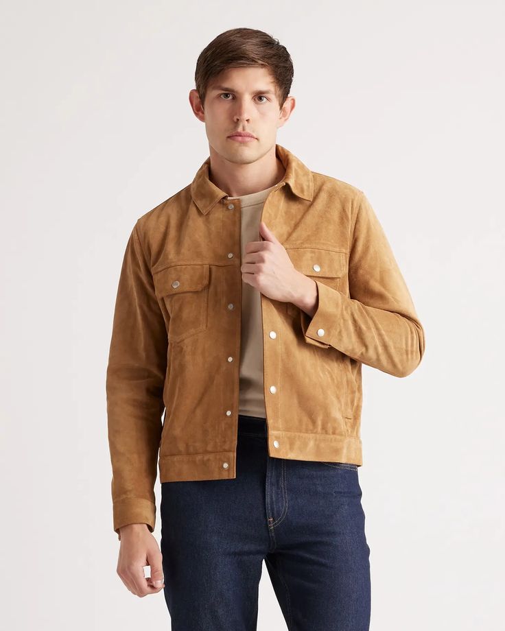 Suede Trucker Jacket | Quince Casual Suede Outerwear With Patch Pockets, Casual Suede Outerwear With Snap Buttons, Classic Suede Outerwear With Patch Pockets, Classic Suede Outerwear With Flap Pockets, Casual Suede Leather Jacket With Pockets, Workwear Suede Leather Jacket With Snap Buttons, Suede Leather Jacket For Work With Snap Buttons, Suede Leather Jacket With Snap Buttons For Work, Casual Leather Utility Jacket With Pockets