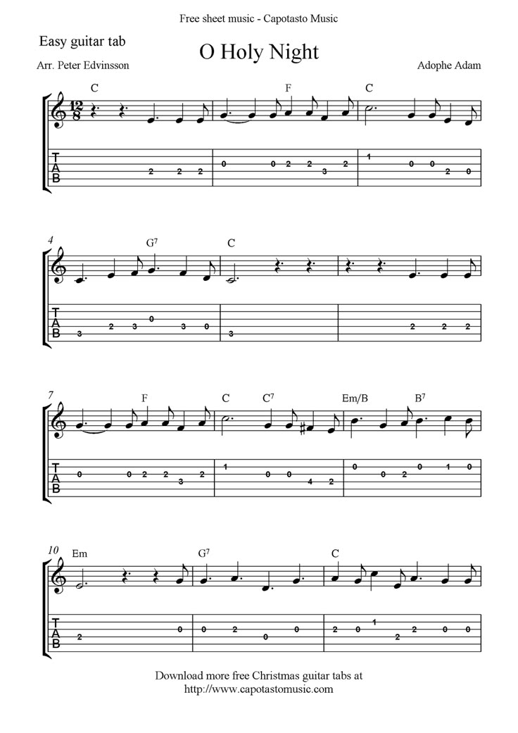 Free Printable Sheet Music: O Holy Night, free easy Christmas guitar sheet music and guitar tabs Guitar Tabs Christmas Songs, Easy Guitar Tabs Songs Tablature, Tab Guitar Songs, Christmas Guitar Tab, Easy Guitar Tabs Songs, Free Guitar Sheet Music, Christmas Guitar, Guitar Tabs Acoustic, Guitar Tablature