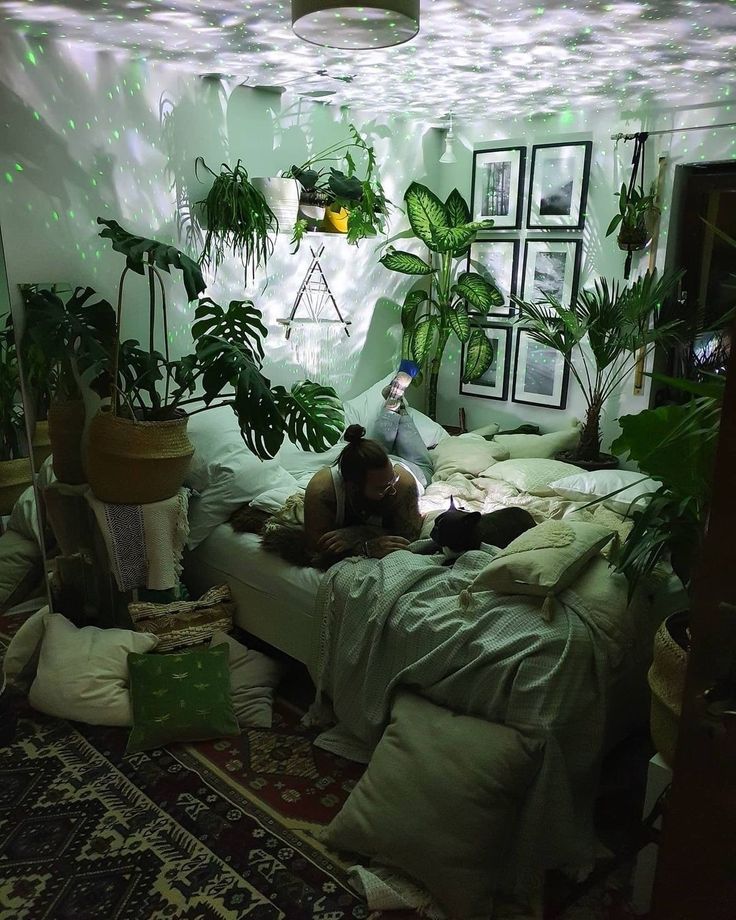 a dog laying on a bed in a room filled with potted plants and pillows