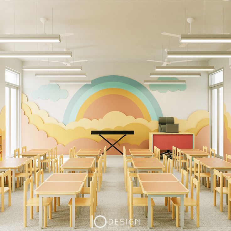 an empty classroom with wooden desks and chairs in front of a colorful wall mural