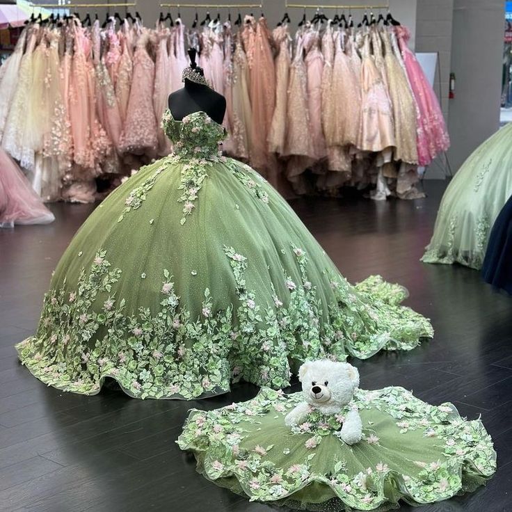 Stage Green Quince Dress, Light Green Quinceanera Dresses, Sage Green Quince, Quinceanera Green, Sage Green Quinceanera Dresses, Green Ball Dress, Lavender Prom Dress Long, Green Quince Dress, Sweet 15 Birthday