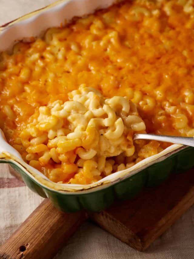 a casserole dish with macaroni and cheese in it, ready to be eaten