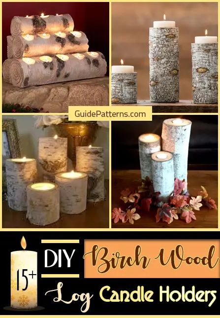 candles made from birch logs are displayed in this collage