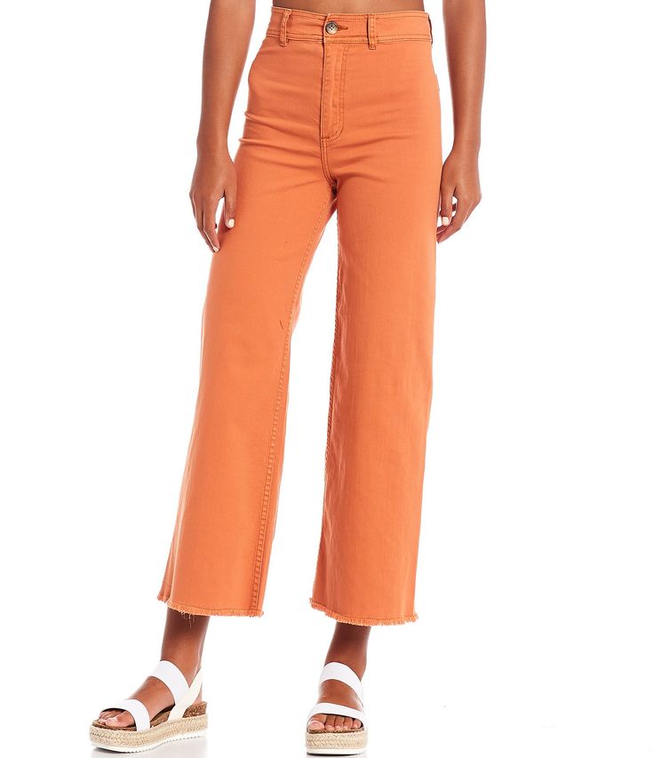 From Billabong, these pants feature: High risewide legBelt loopsSlim fit Ankle-lengthFrayed raw hemsButton/fly closureCotton/elastaneMachine wash/line dryImported. Trendy Full Length Bottoms With Frayed Hem, Trendy Full-length Pants With Frayed Hem, Trendy Orange Straight Leg Bottoms, Orange Straight Leg Jeans For Spring, Orange Straight Leg Summer Bottoms, Orange Straight Leg Bottoms For Summer, Trendy High Rise Orange Bottoms, Mid-rise Pants With Frayed Hem For Fall, Casual Mid-rise Orange Bottoms