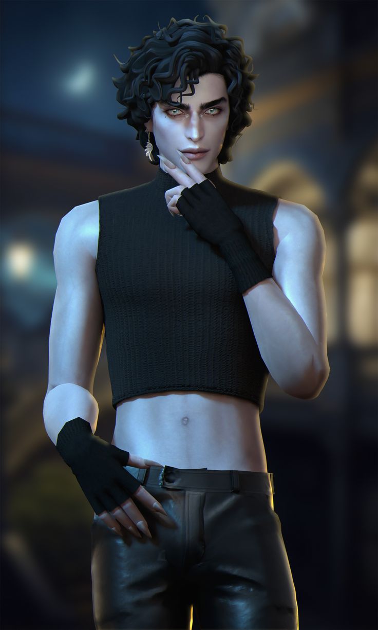 an animated image of a man with black hair wearing leather pants and a crop top