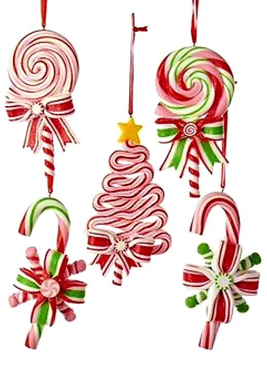 three christmas ornaments hanging from the ceiling with candy canes and bows on them,