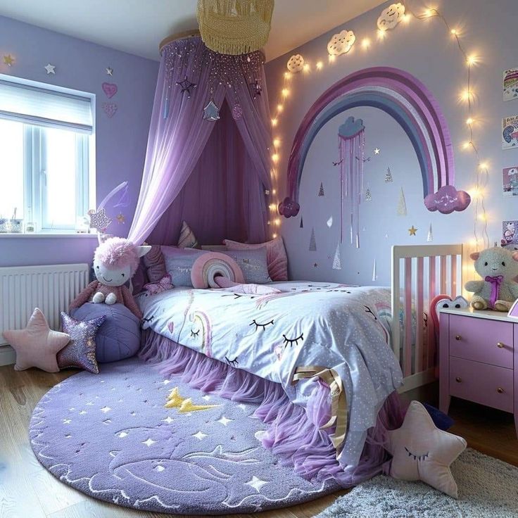 a bedroom decorated in purple and pink with fairy lights