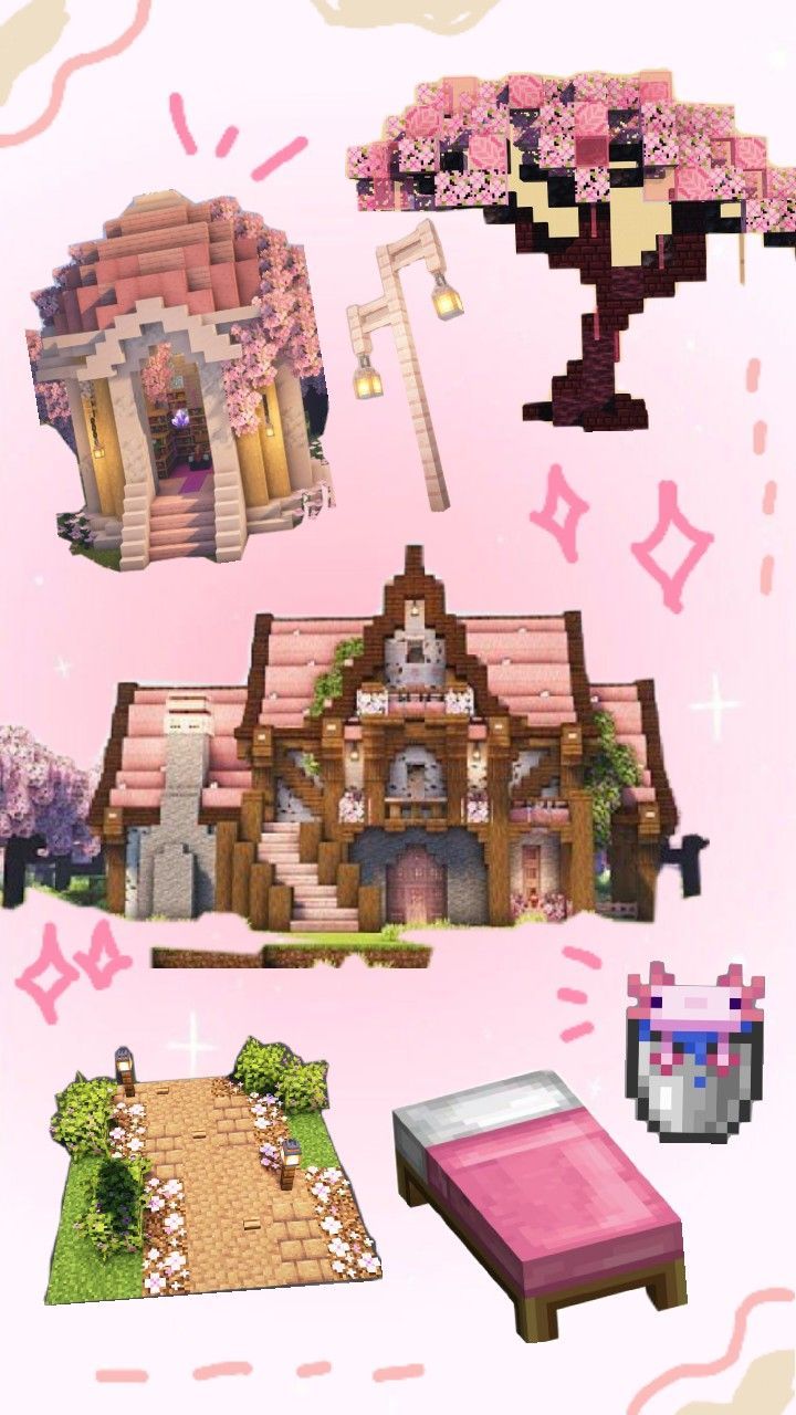 credit to the real owner of build Fairy Garden Minecraft Ideas, Hardcore Minecraft Base, Cutesy Minecraft House, Minecraft Pink Decoration, Minecraft Pink Floor Designs, Minecraft Barn Cherry Blossom, Minecraft Princess House, Fairy Hut Minecraft, Minecraft Pink Pallet