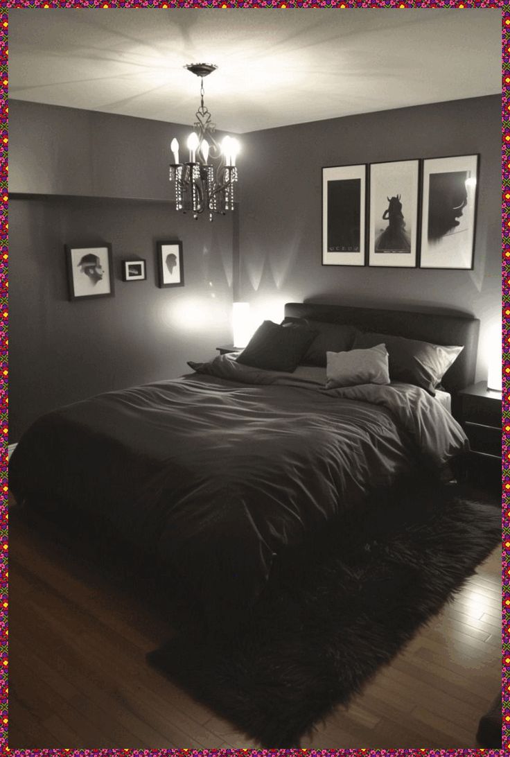 a black and white photo of a bed in a room with pictures on the wall