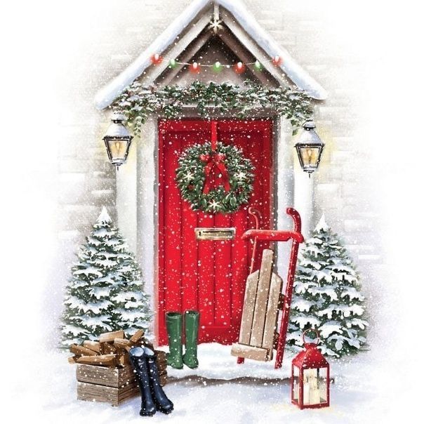 a painting of a red door with christmas decorations and presents in the snow next to it