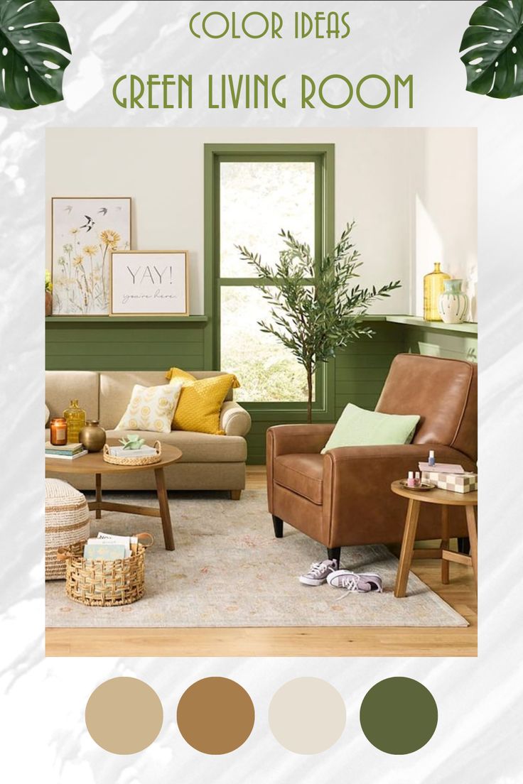 a living room with green walls and brown furniture in the center, along with yellow accents