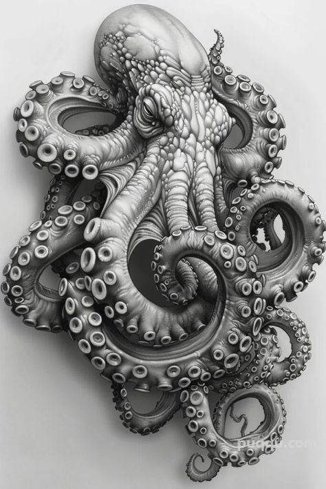 an intricately detailed drawing of an octopus with its tentacles curled up and eyes open