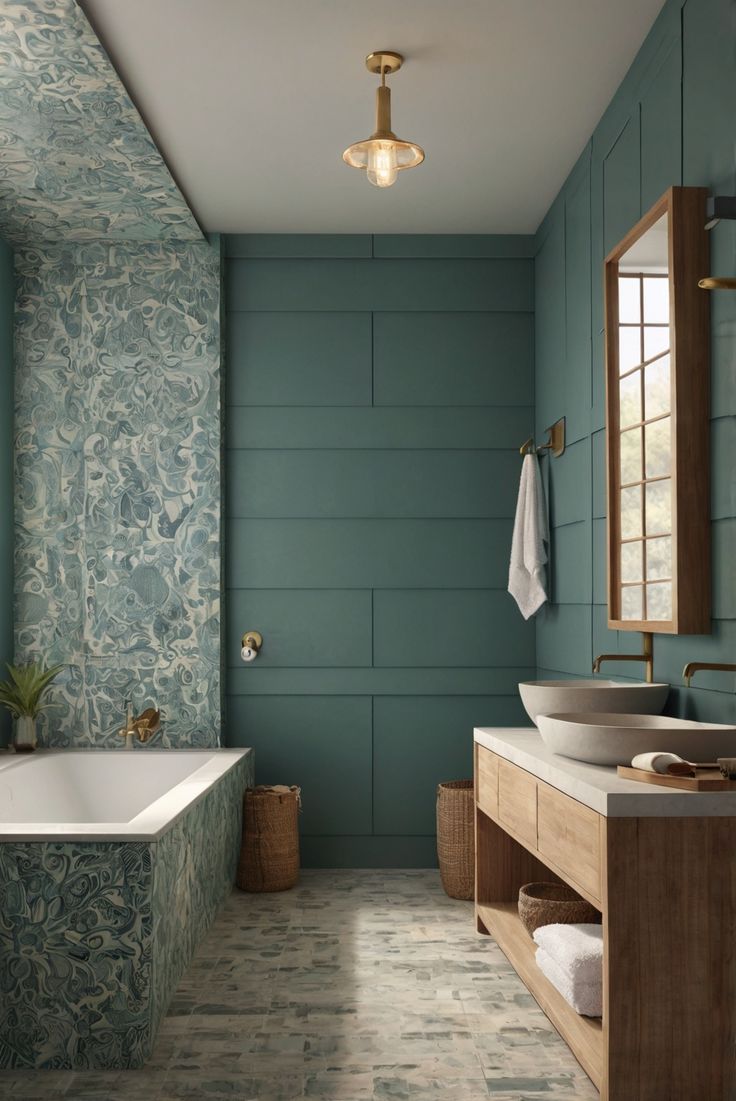 a bathroom with blue walls and tile flooring next to a white bathtub under a mirror