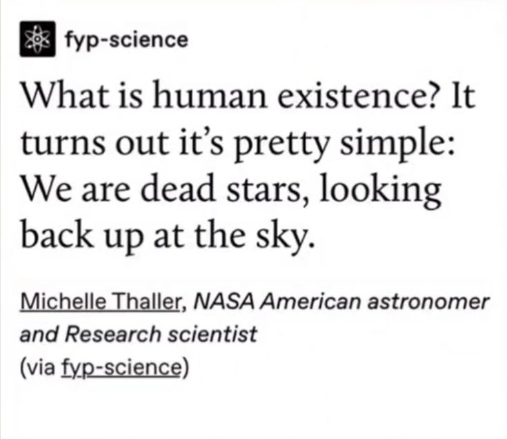 an article with the caption'what is human existence? it turns out its pretty simple we are dead stars, looking back at the sky '