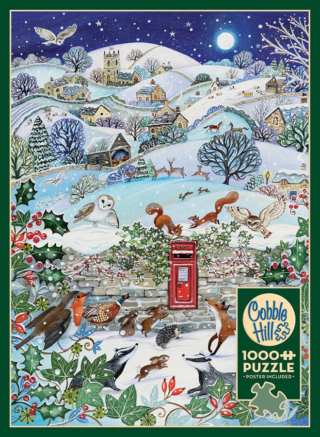 a puzzle box with an image of animals in the snow and a red phone booth