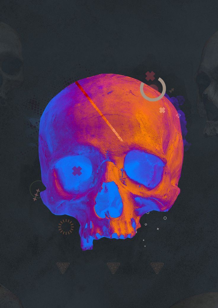 an image of a blue and orange skull on a black background with other skulls around it