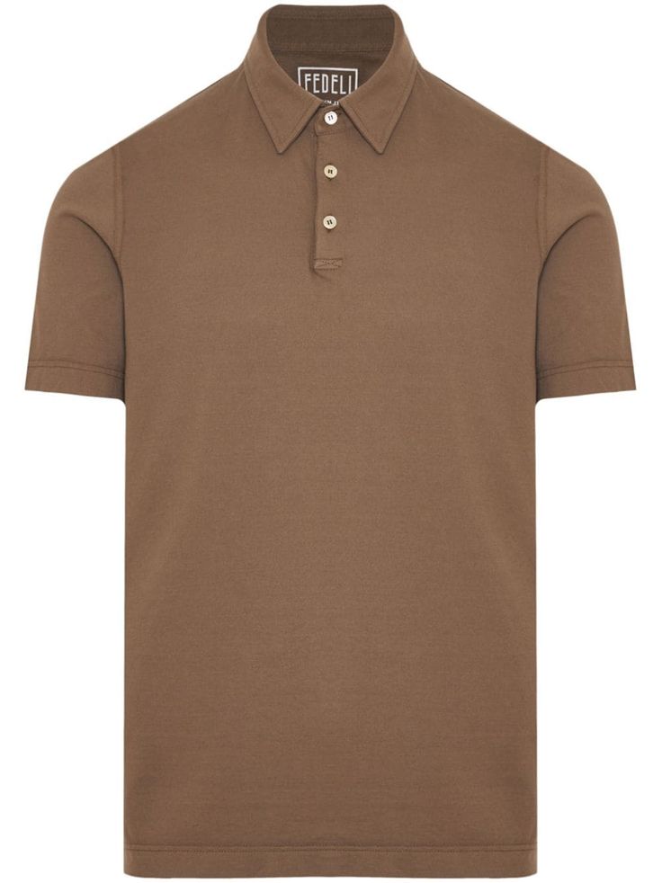 brown cotton jersey texture mother-of-pearl buttons polo collar front button placket short sleeves straight hem Brown Polo Shirt, Brown Polo, Isiah Thomas, City Shorts, Reebok Club C, Magic Johnson, Versace Outfit, White Room, Balenciaga Triple S