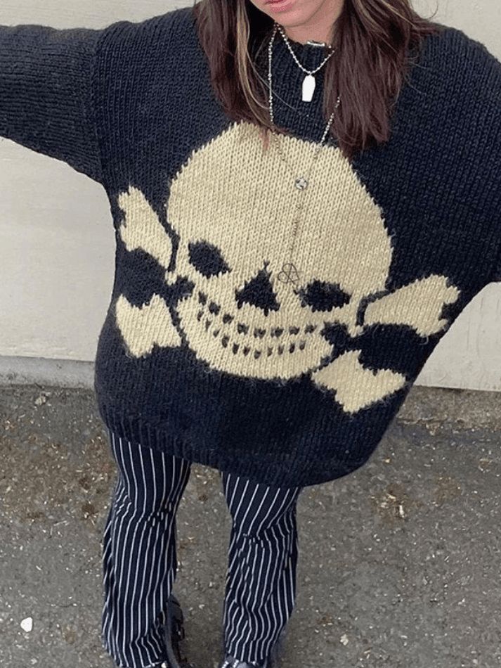 Vintage Skull Jacquard Pullover Sweater - AnotherChill Goth Sweater, Masc Fem, Loose Jumper, Jacquard Design, Vintage Skull, Vintage Punk, Women Long Sleeve Tops, Halloween Spirit, Knit Outfit