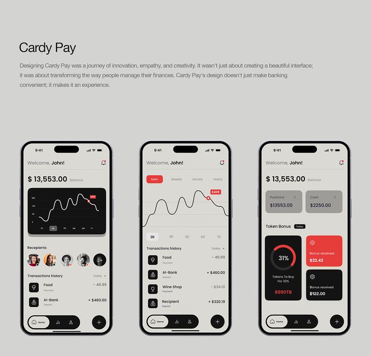 three smartphones with different screens showing the same amount of money as well as each other