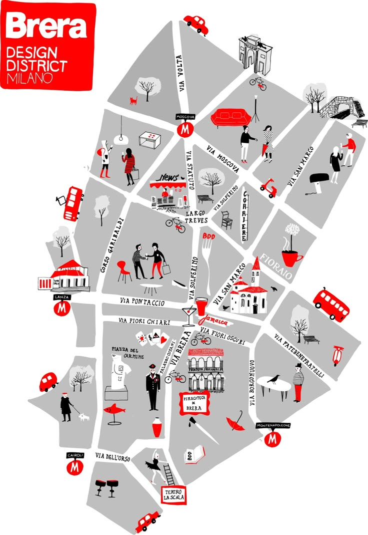 a map with people walking around it and some buildings on the other side, in red