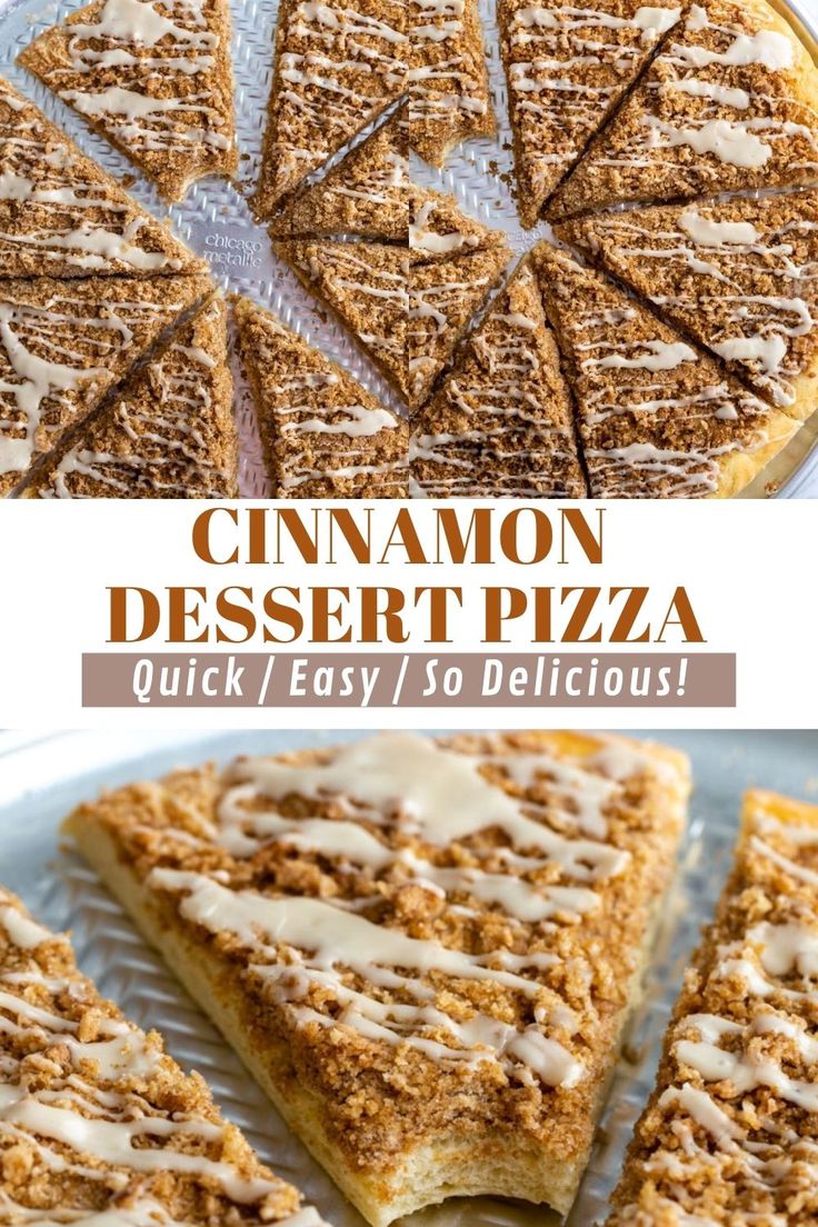 cinnamon dessert pizza with white icing on top and sliced into squares in the middle