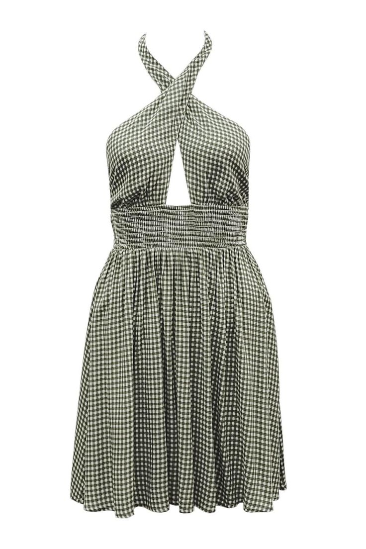 D3111 Luz Halter Gingham Mini Dress 100% Rayon V-neck Gingham Plaid Dress For Picnic, Chic Gingham Plaid Dress With V-neck, Chic Knee-length Gingham Plaid Dress, Chic Gingham Plaid Knee-length Dress, Gingham Plaid V-neck Dress For Picnic, Chic Gingham Dress For Picnic, Knee-length Gingham Midi Dress For Picnic, Chic Knee-length Gingham Dress, Sleeveless Houndstooth Summer Dress