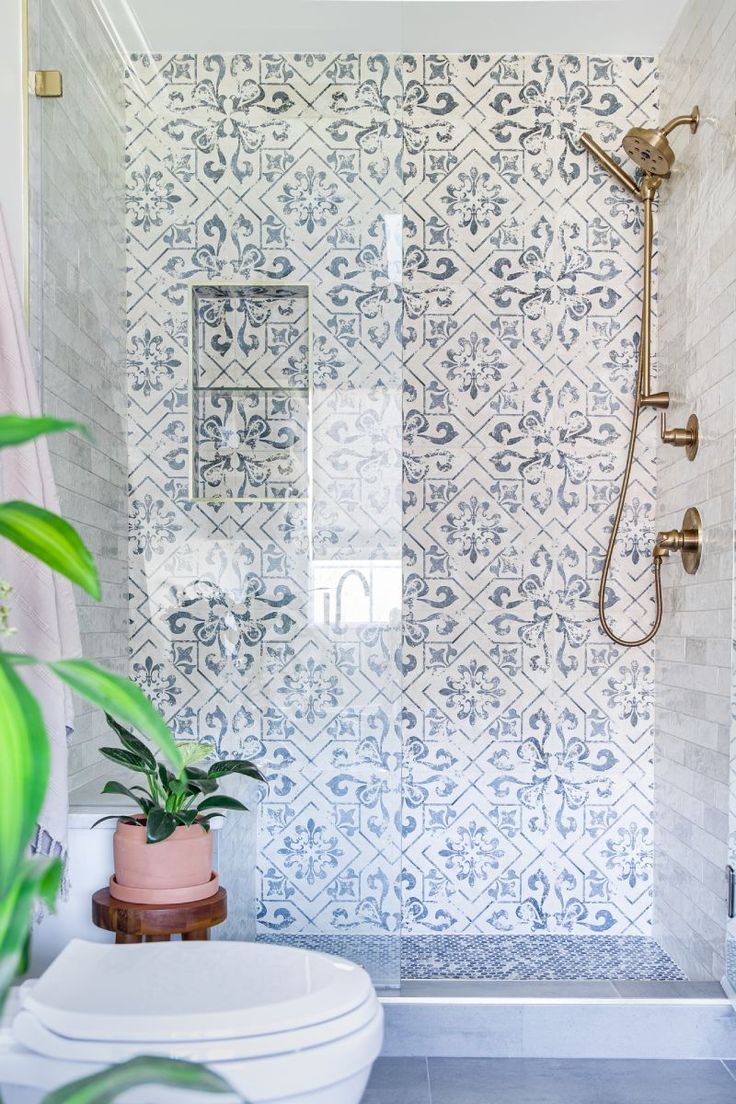 a white toilet sitting in a bathroom next to a shower with a plant on top of it