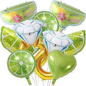 a bunch of balloons that have some limes on them