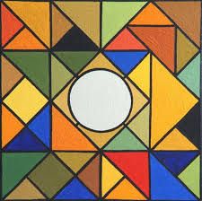 an abstract painting with many different colors and shapes on it's surface, including a white circle in the center