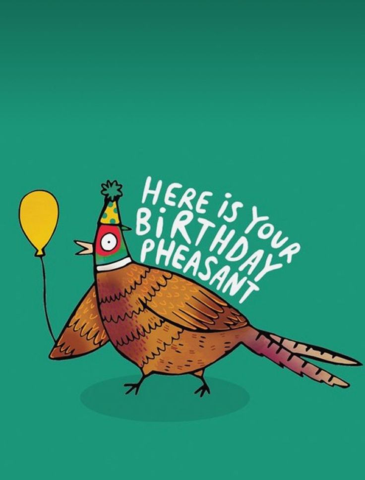 a turkey with a party hat holding a balloon and the words here is your birthday pheasant