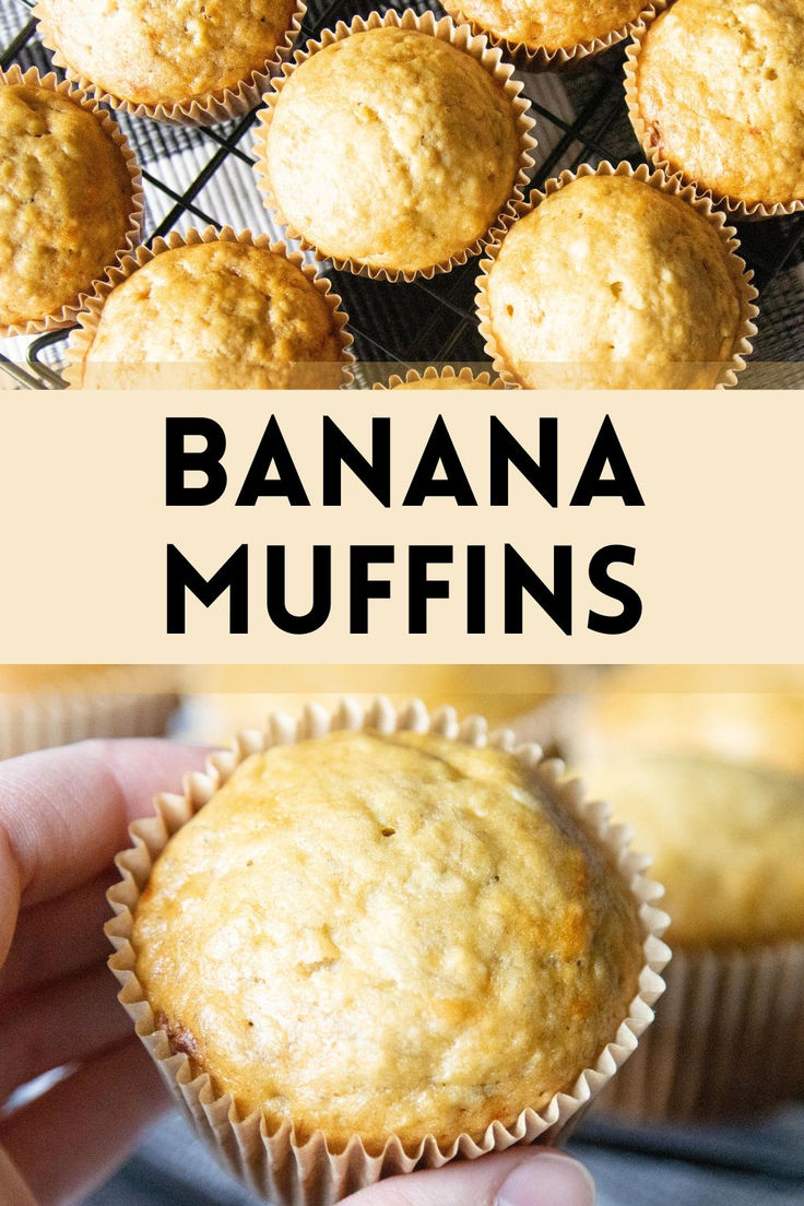 banana muffins on a cooling rack with text overlay that reads, bananas muffins