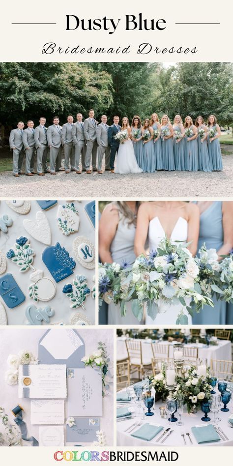 a collage of photos with blue and white wedding colors, including the bridesmaid's dress